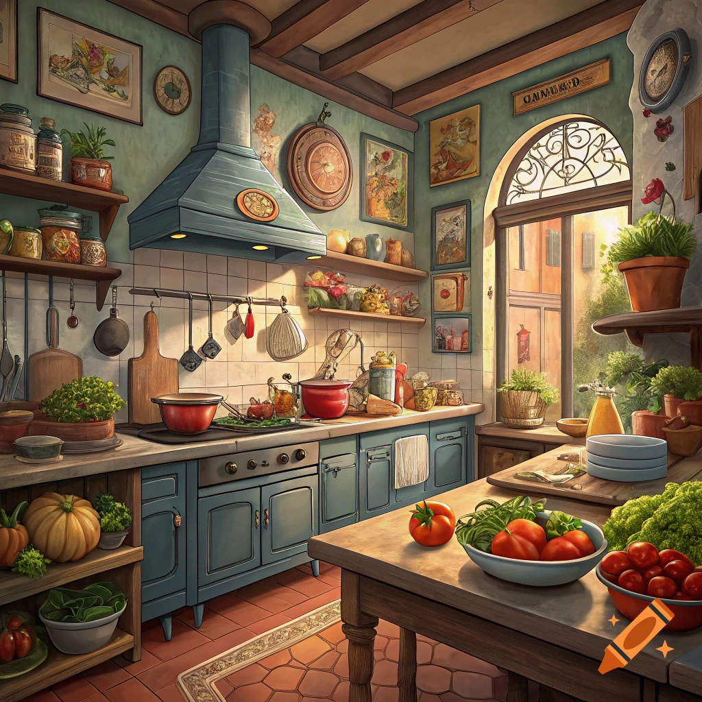 A stylized, detailed kitchen filled with vegetables, cooking items, and sunlight from a window.