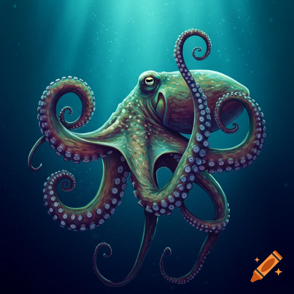 A detailed depiction of a green and purple octopus swimming underwater.