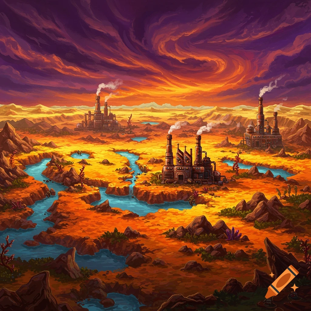Pixel art landscape with factories, rivers, and a vibrant sunset sky.