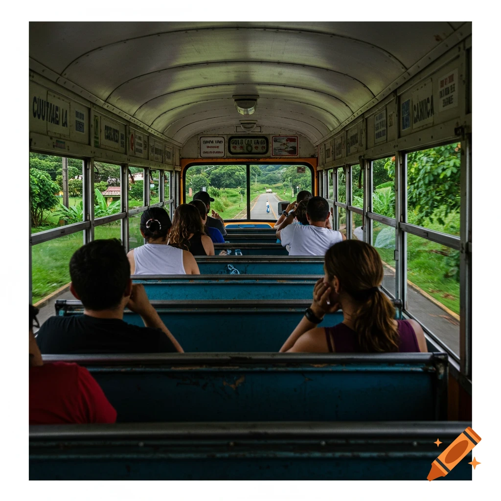View from inside a bus driving through lush green landscape with passengers looking out the windows.