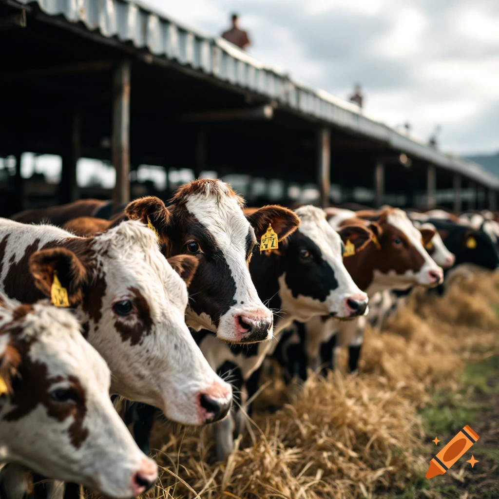 A line of brown and white cows stand in a barn.