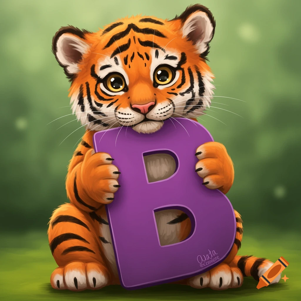 Cartoon baby tiger holding a large purple letter B.