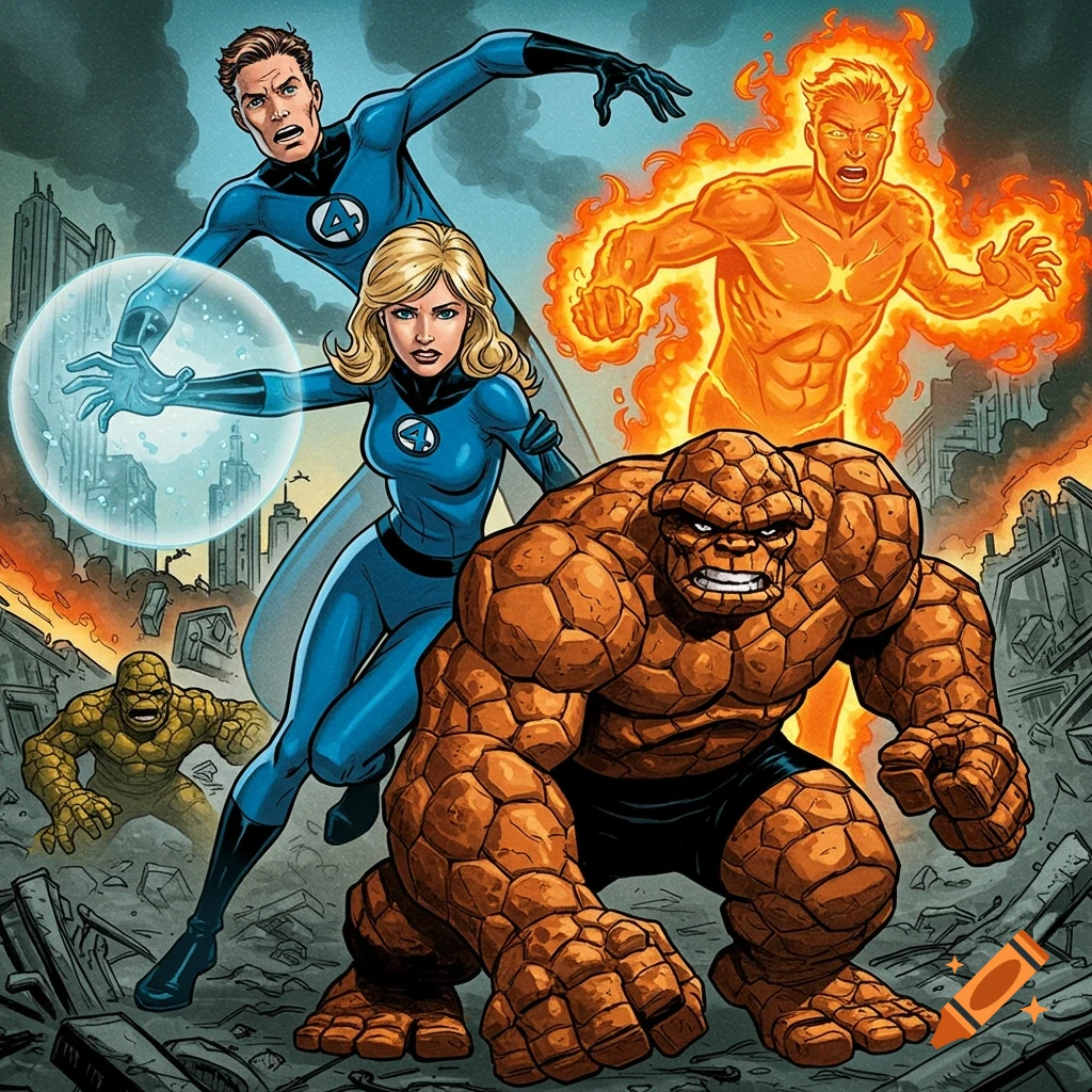 The Fantastic Four - The Thing, Invisible Woman, Mr. Fantastic, Human Torch - pose heroically in a destroyed city in a comic book style.