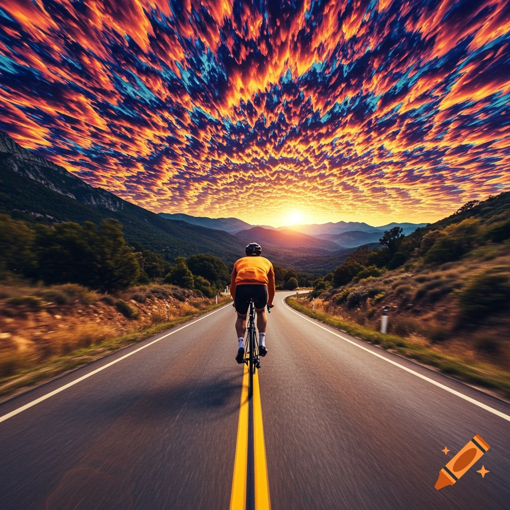 Cyclist rides on a mountain road at sunset under an intensely colored, textured sky.