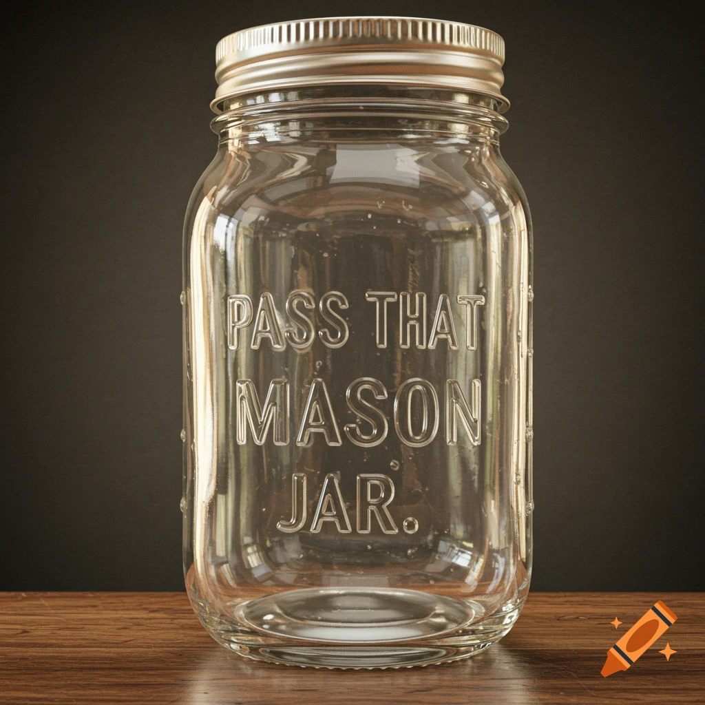 Clear glass mason jar with moonshine and embossed text on Craiyon
