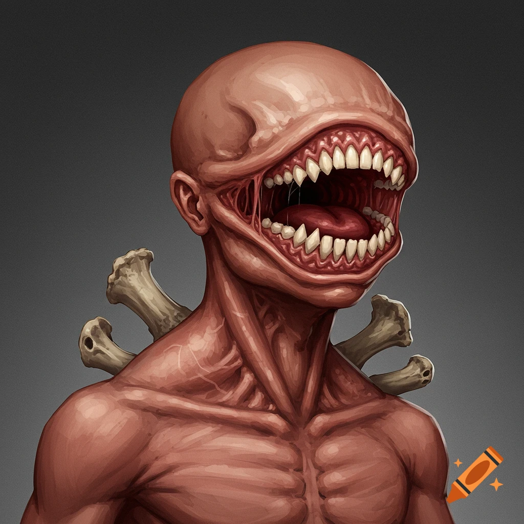 A monstrous creature with a giant mouth full of teeth and bones on its shoulders.