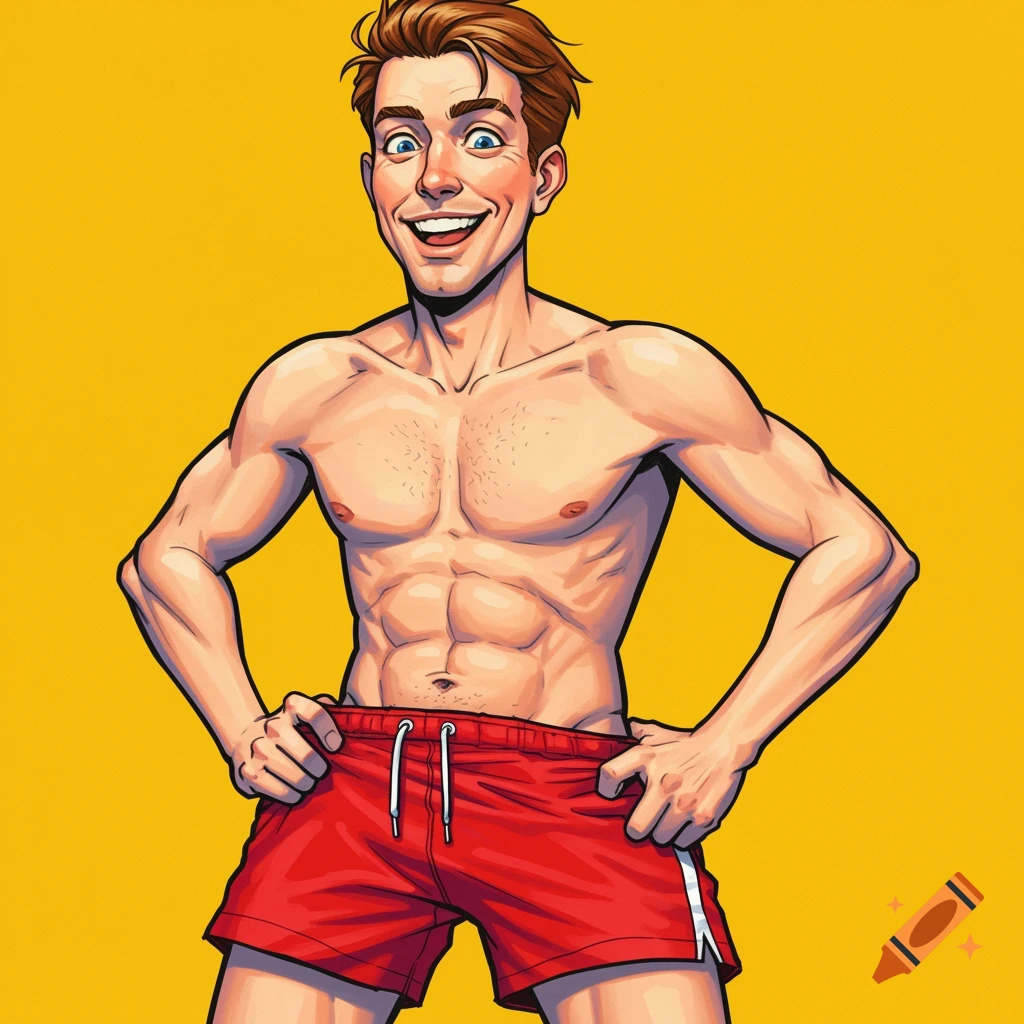 Cartoon of a muscular man in red shorts smiling against a yellow background.