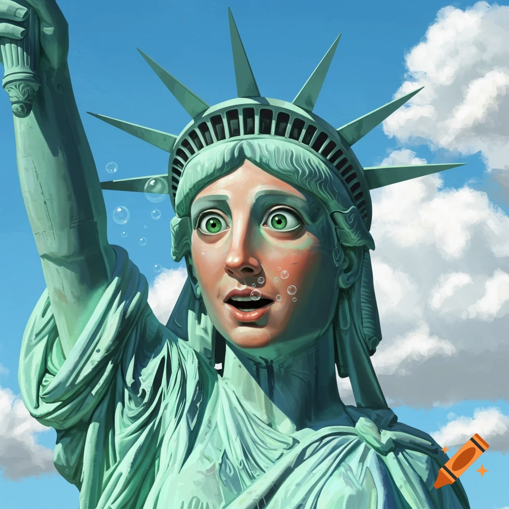 The Statue of Liberty with human eyes and mouth, blowing bubbles.