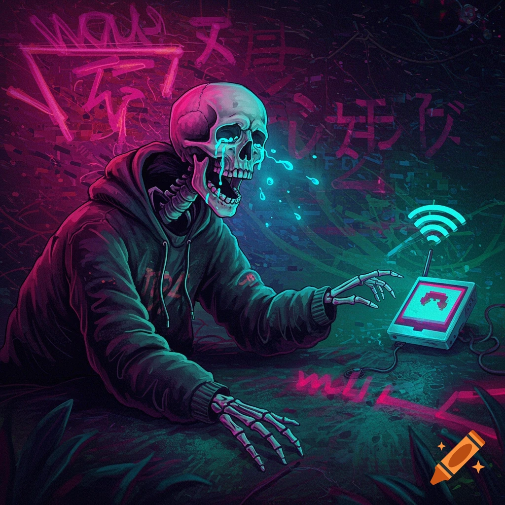 Stylized image of a crying skeleton in a hoodie using a device for wifi, in a neon cyberpunk style.