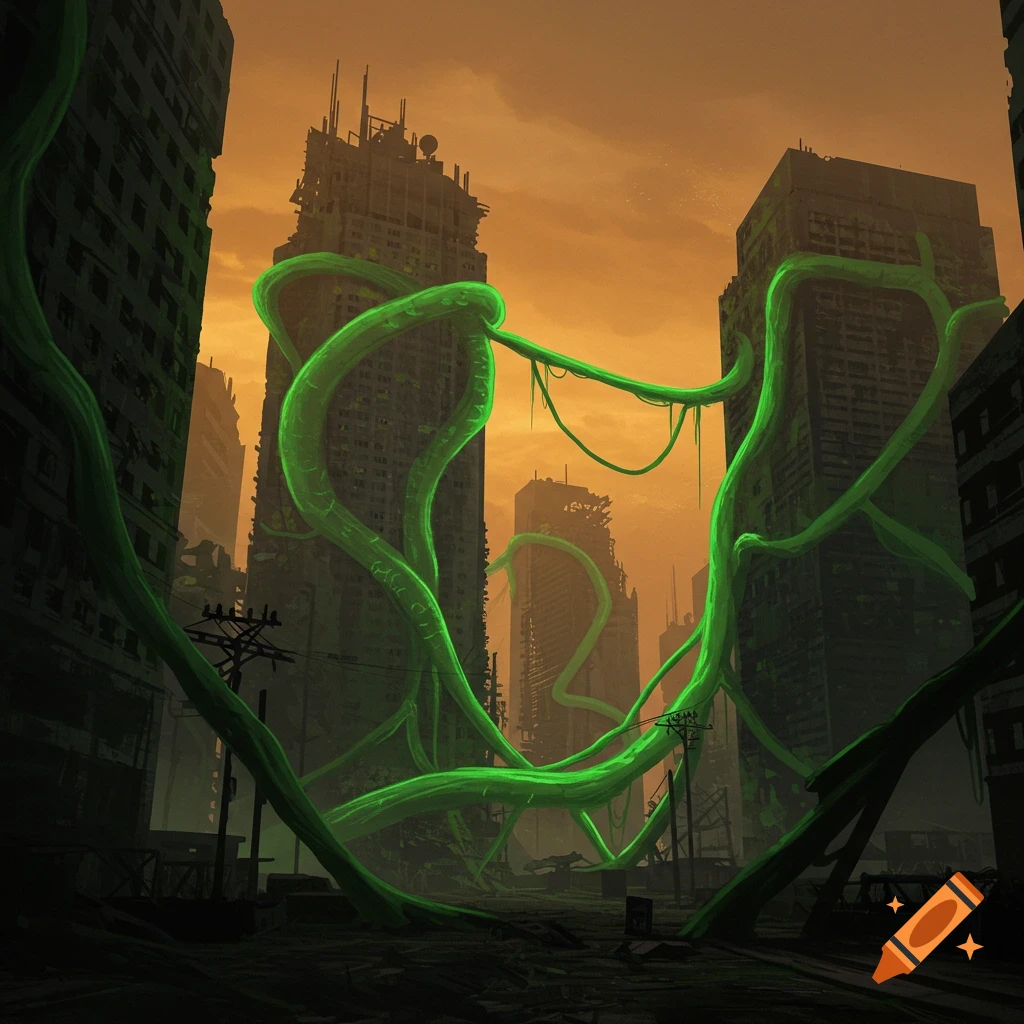 A post-apocalyptic city with giant green vines climbing ruined buildings under an orange sky.