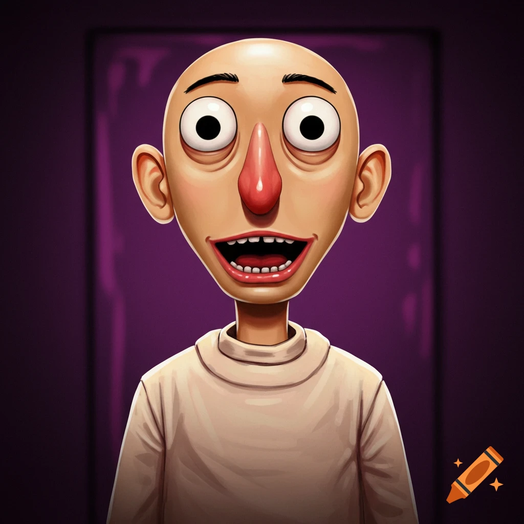 Cartoonish bald man with large eyes and wide smile in a surreal style.