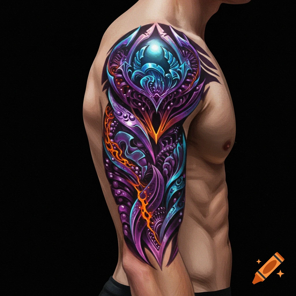 A man's arm and torso with a large, bright, elaborate purple and blue biomechanical tattoo.