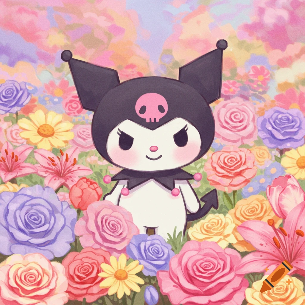 Kuromi surrounded by pastel flowers.