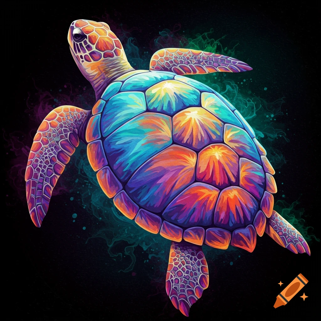 Colorful abstract painting of a turtle swimming