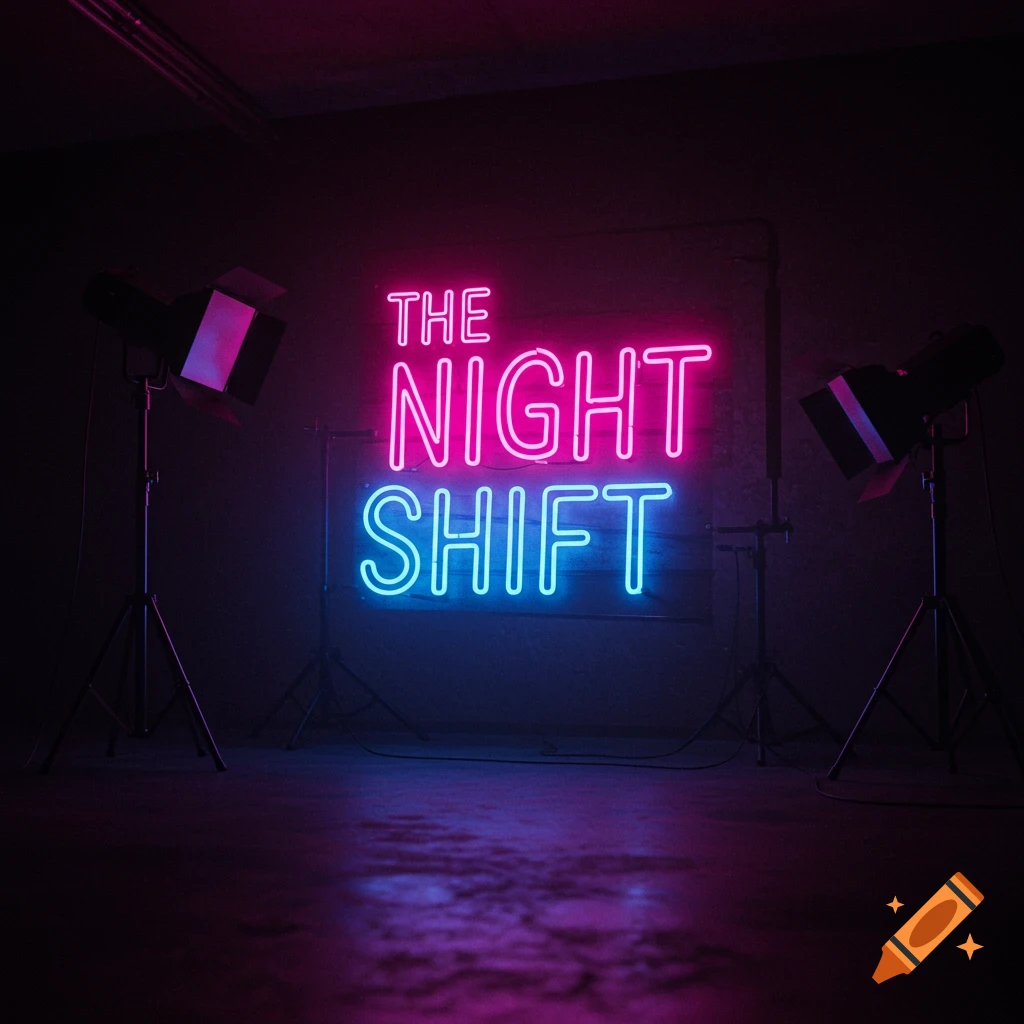 A neon sign reading 'THE NIGHT SHIFT' hangs on a dark wall in a dimly lit studio with spotlights.