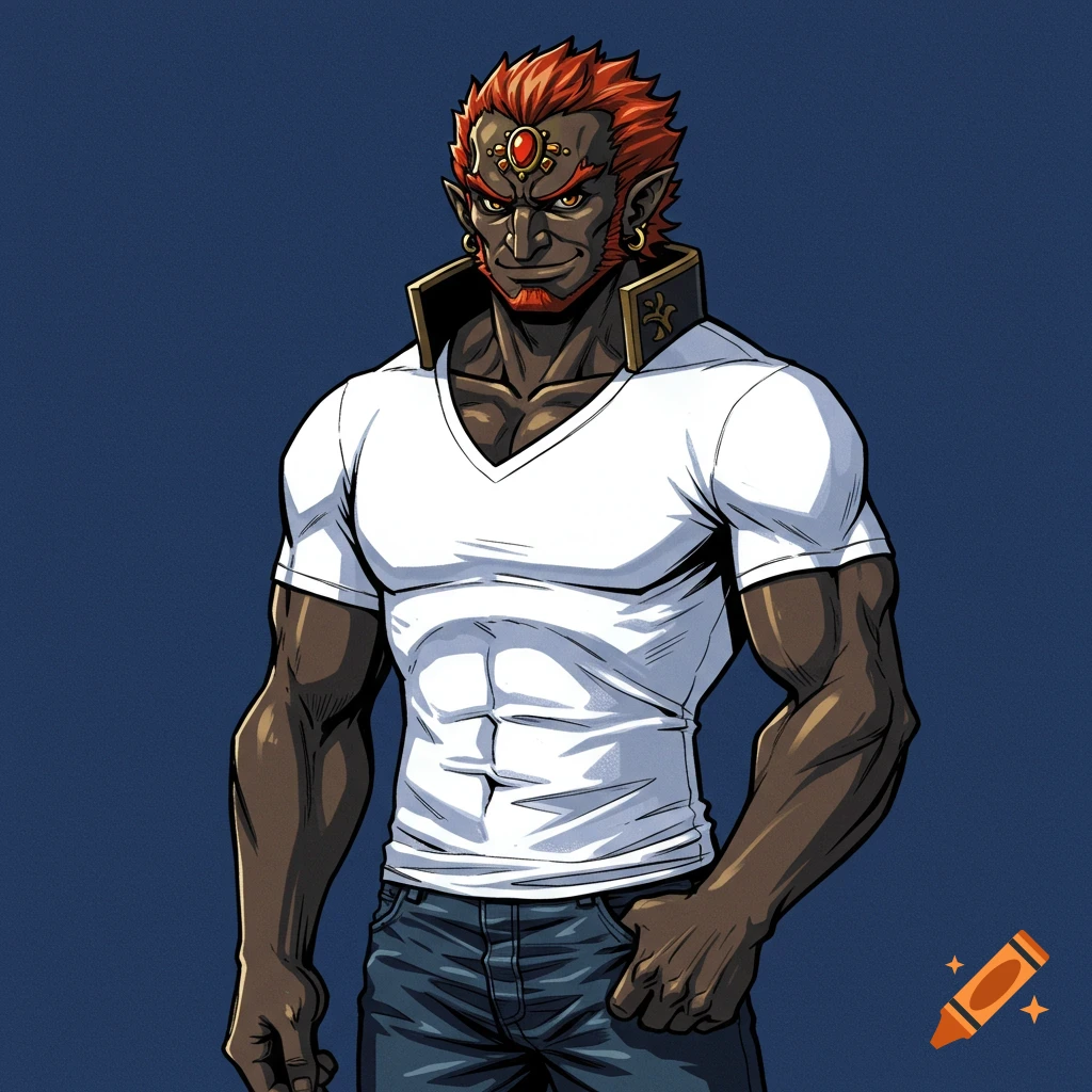 Ganondorf from Zelda wearing a white v-neck shirt and jeans.
