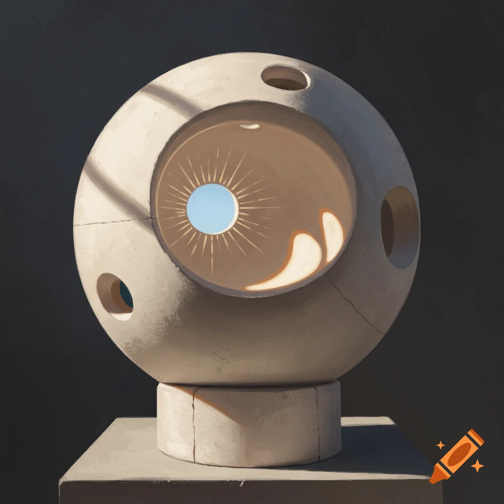A modern abstract spherical sculpture on a pedestal, lit by sunlight.