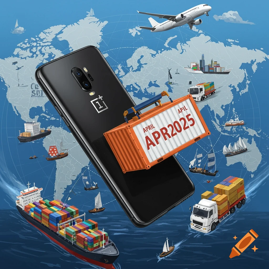 A large smartphone lifts a shipping container over a world map with surrounding ships, truck, and airplane.