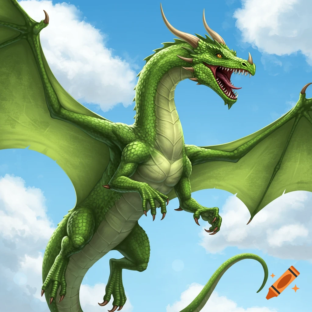 A green dragon flying in a cloudy blue sky.