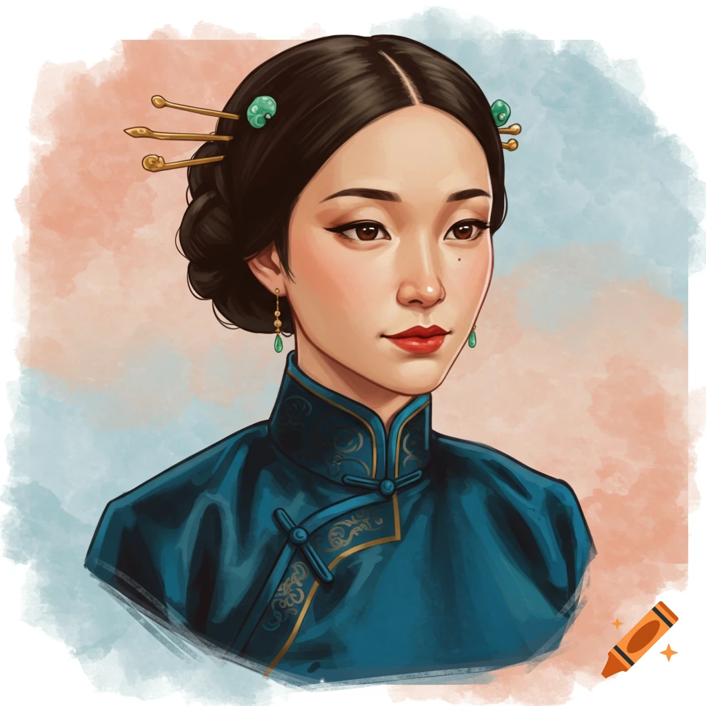 A woman in a blue traditional dress with gold trim, wearing hairpins and earrings.