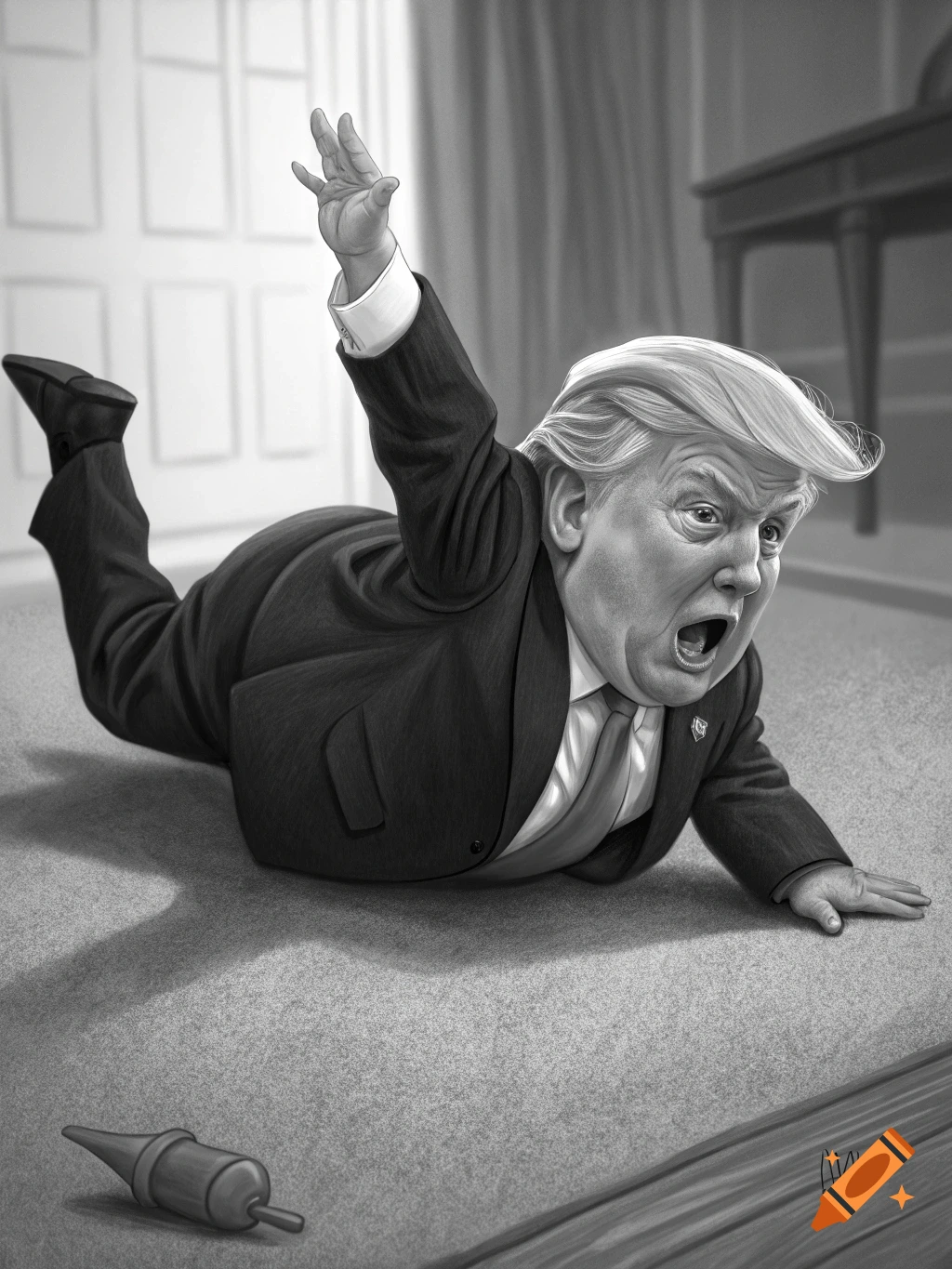 Black and white caricature of Donald Trump throwing a tantrum on the floor.