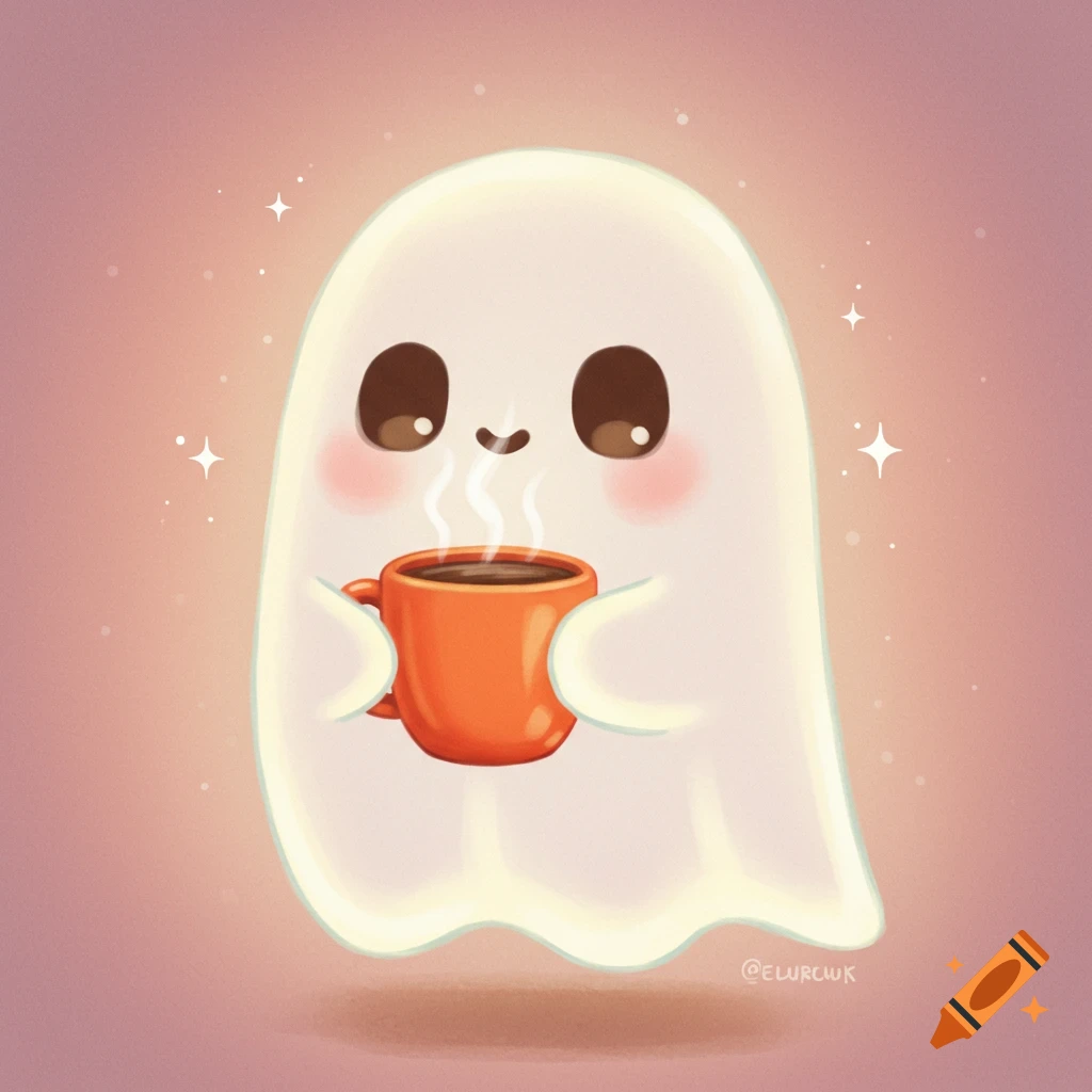 A cute cartoon ghost holds a steaming cup of coffee. Digital illustration.