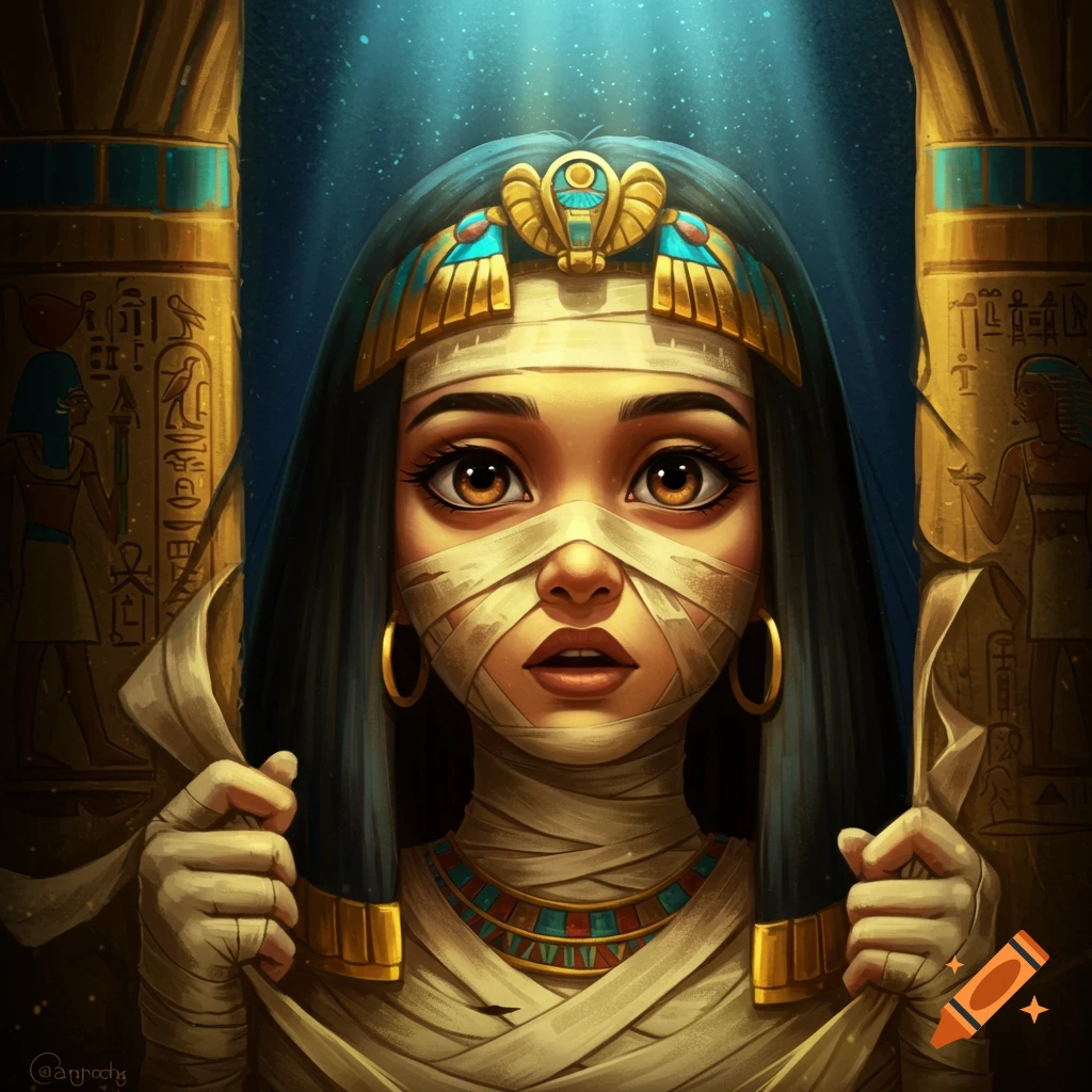 A mummy girl with large eyes and gold jewelry in an Egyptian tomb with hieroglyph pillars.