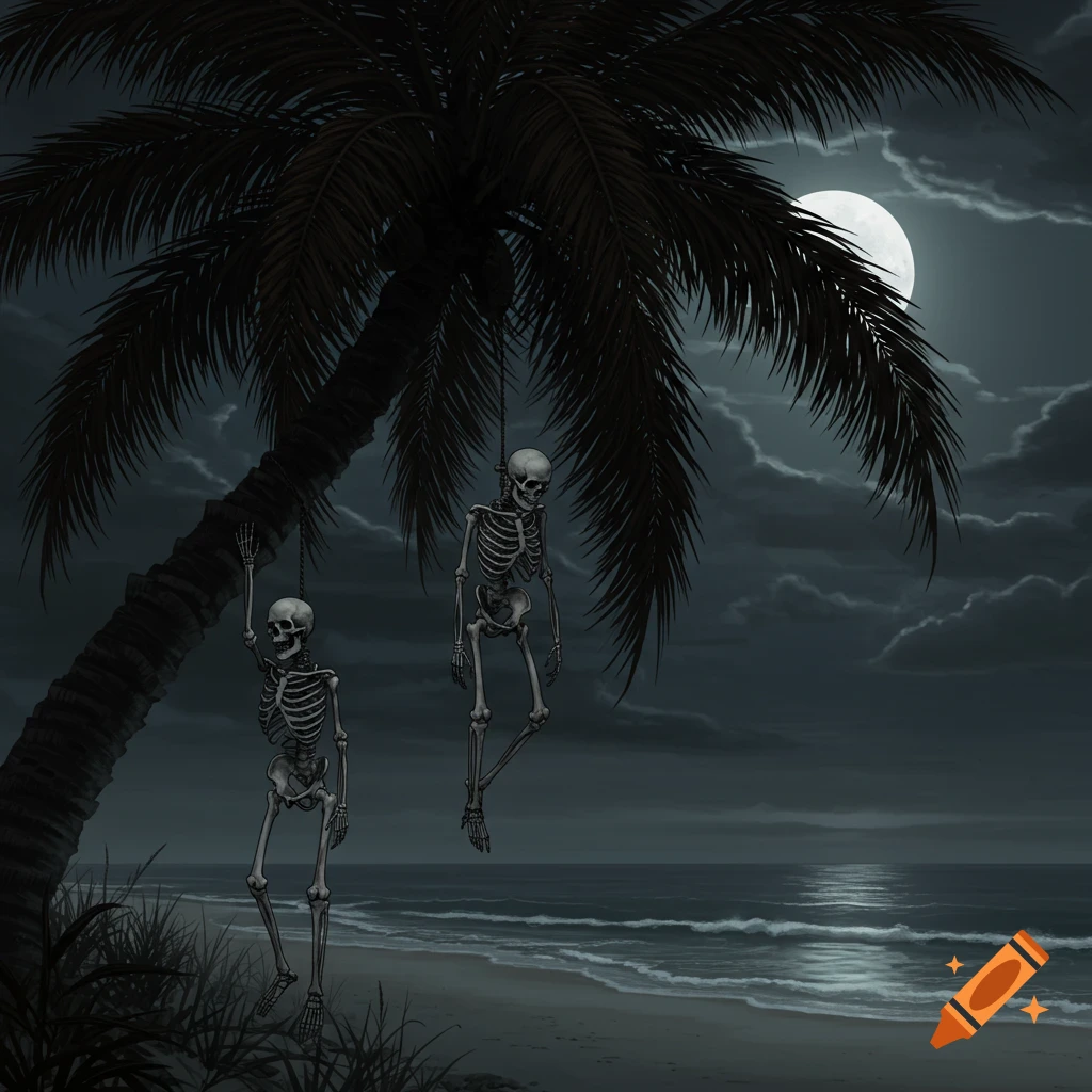 Two skeletons hanging from a palm tree on a beach at night under a full moon.