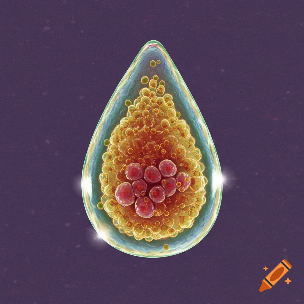 A teardrop shape filled with yellow spheres and red cells.