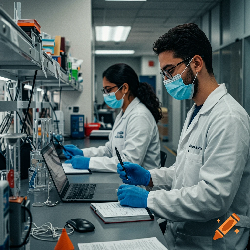Two masked people in lab coats and gloves work at a lab bench with laptops and notebooks. Photorealistic style.