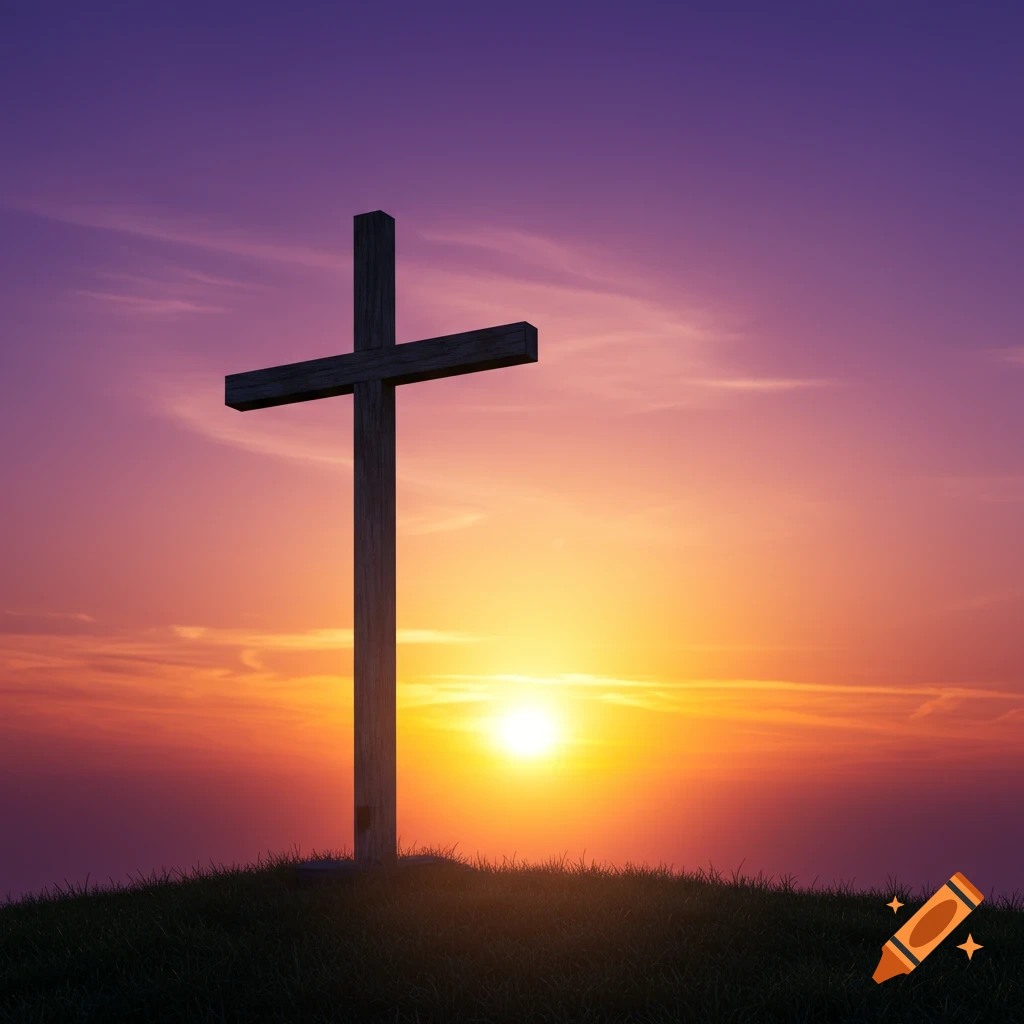 A wooden cross stands on a grassy hill against a vibrant purple and orange sunset sky.