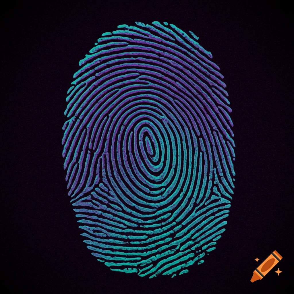 Close-up of a fingerprint glowing in purple and cyan light on a dark background.