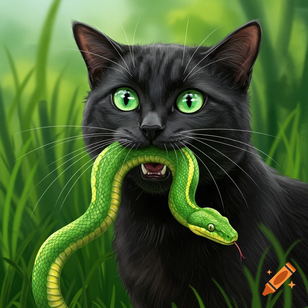 A black cat holding a green and yellow snake in its mouth in tall grass.