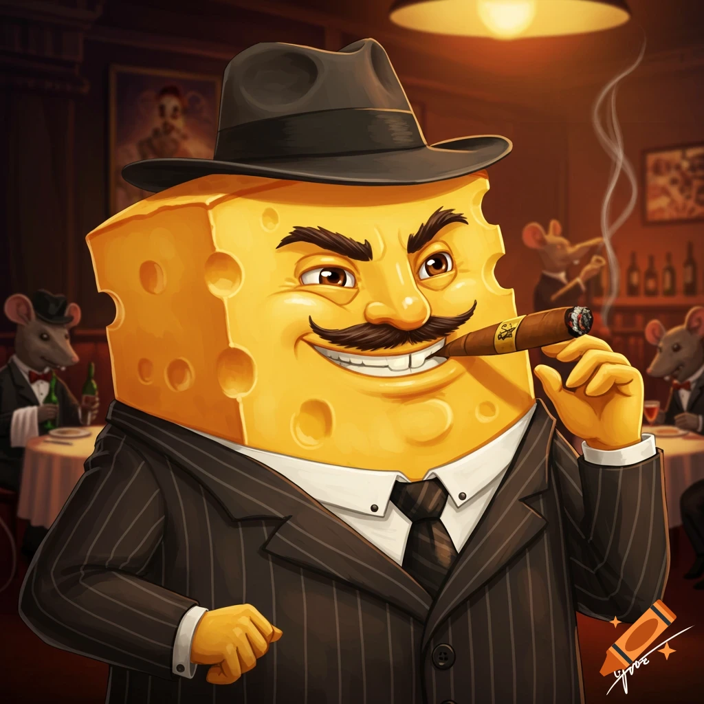 A cheese block mafia boss smokes a cigar in a restaurant with mice.
