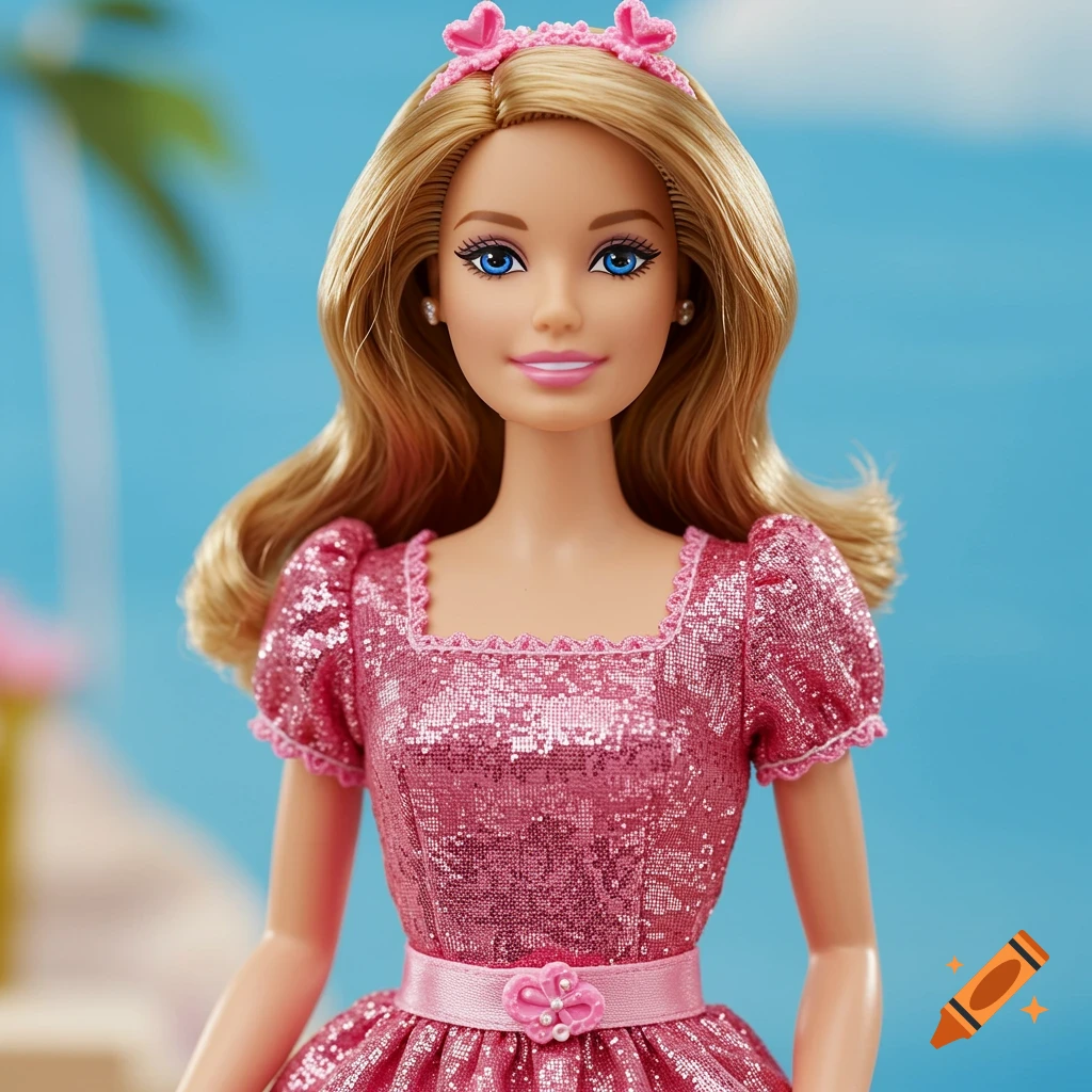 Close up of a Barbie doll in a sparkly pink dress and headband