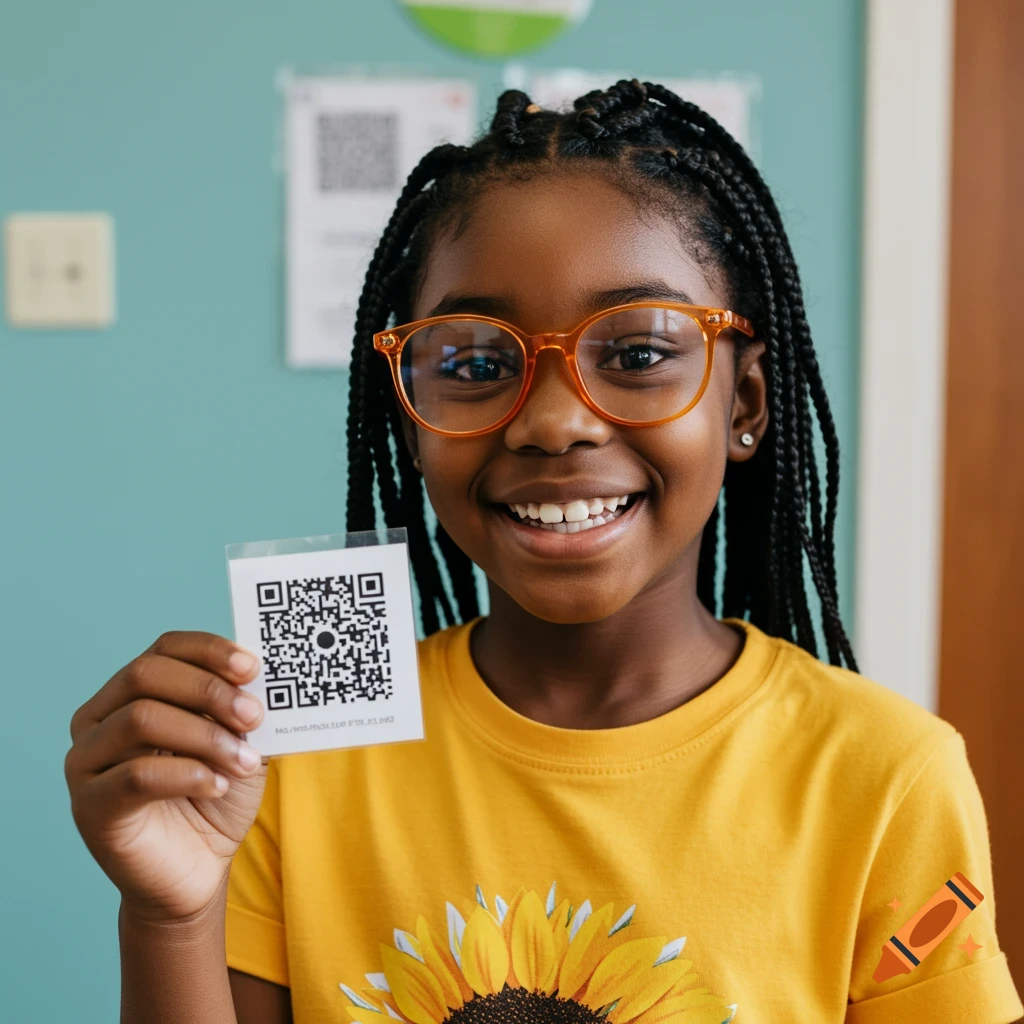 A young Black girl with glasses holds up a QR code and smiles at the camera.
