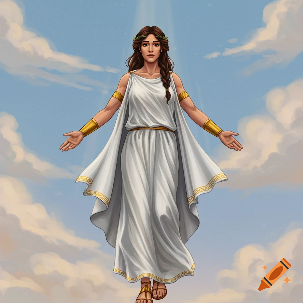 A Greek goddess in white robes floats in the sky