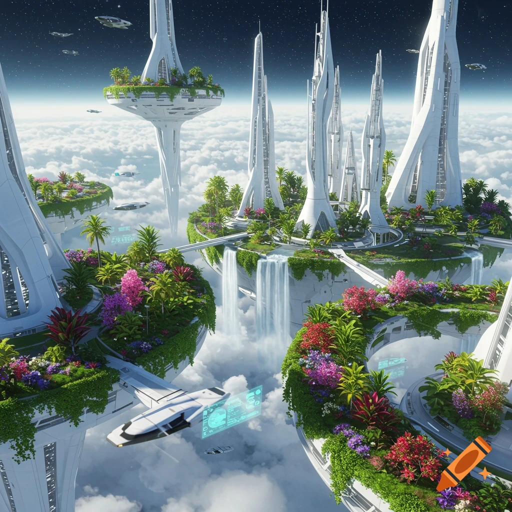 A futuristic city on floating islands in the sky with abundant plants, waterfalls, and flying vehicles.