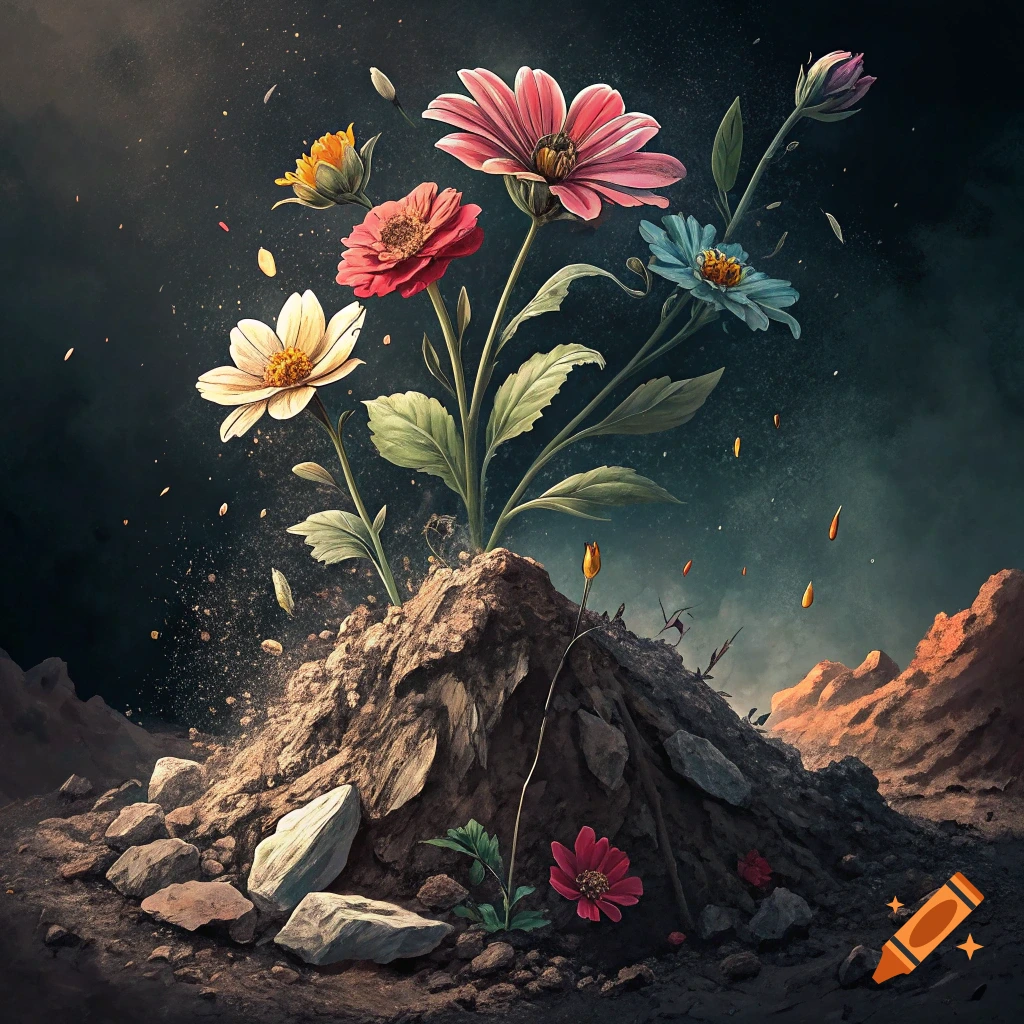 Colorful flowers grow from a mound of earth and rocks, with dust and debris scattering in a dark, atmospheric background.