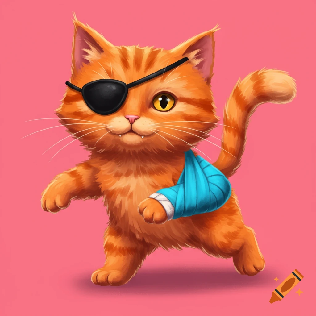 Cartoon ginger cat with a pirate eyepatch and a blue cast on its paw