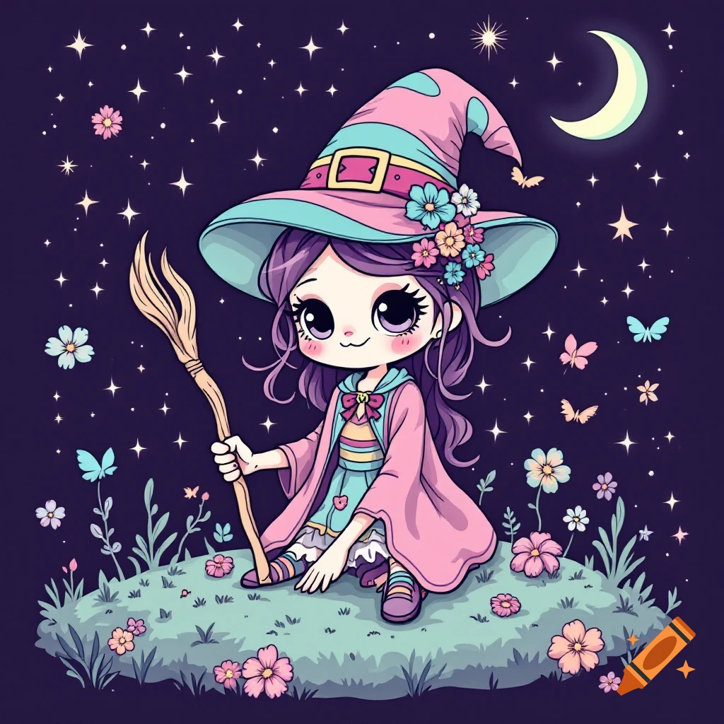 A cute cartoon witch with purple hair sits under a starry sky with a broom, flowers, and butterflies.