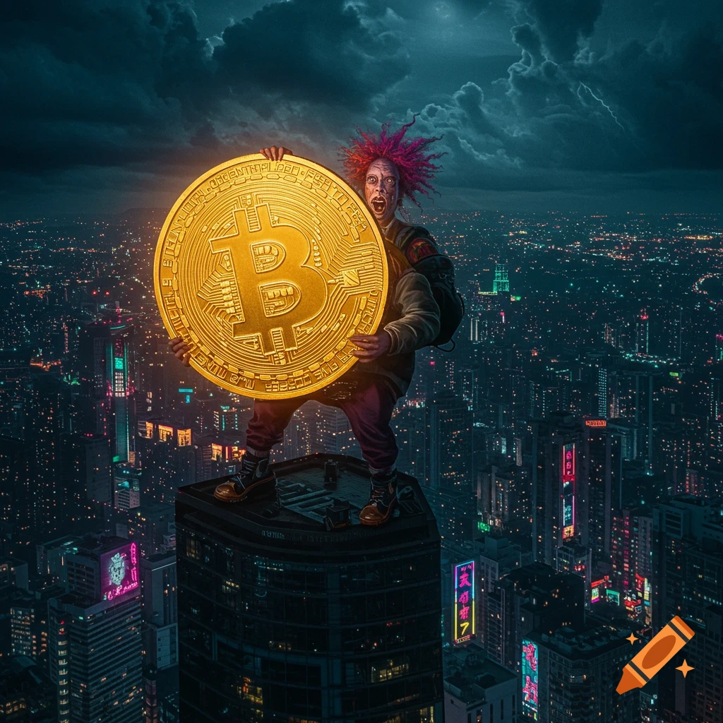 A person holds a giant bitcoin on a skyscraper rooftop overlooking a city at night.