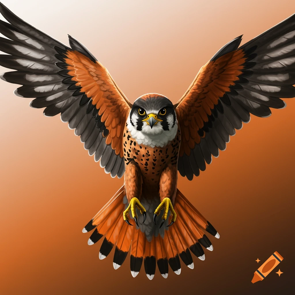 An orange, black, and white falcon with outstretched wings flying forward.