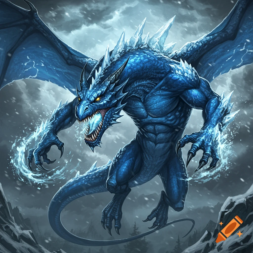 A blue dragon flies through a snowy sky, breathing frost.
