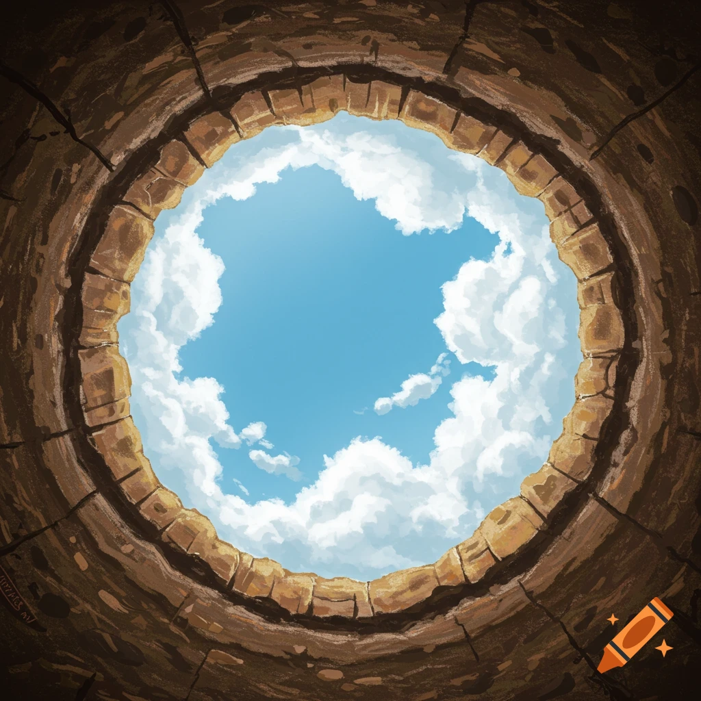 Looking up from a hole with stone walls, showing blue sky and clouds.