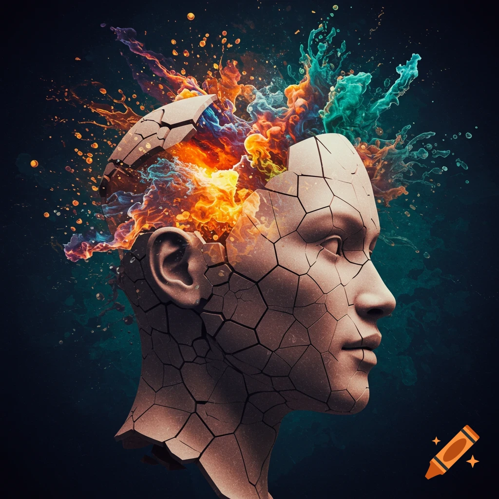 A cracked head with colorful abstract swirls bursting from the top.