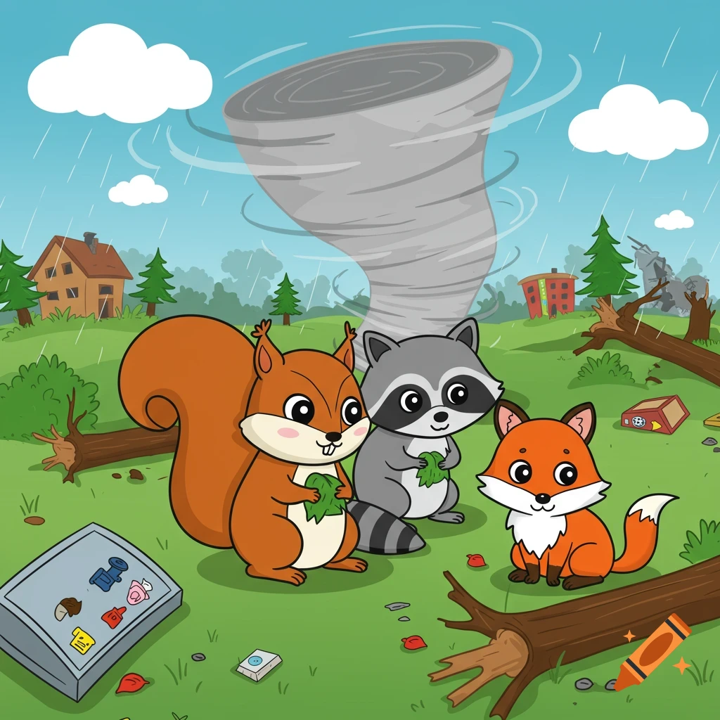 Cartoon illustration of a squirrel, raccoon, and fox standing in the foreground near a tornado, with damaged trees and buildings in the background.