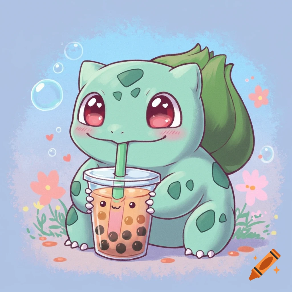 Cute image of Bulbasaur drinking boba tea with bubbles and flowers