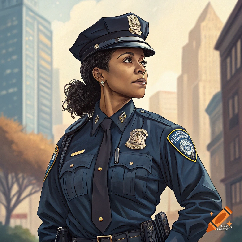 Illustrative portrait of a female police officer in uniform standing in a city