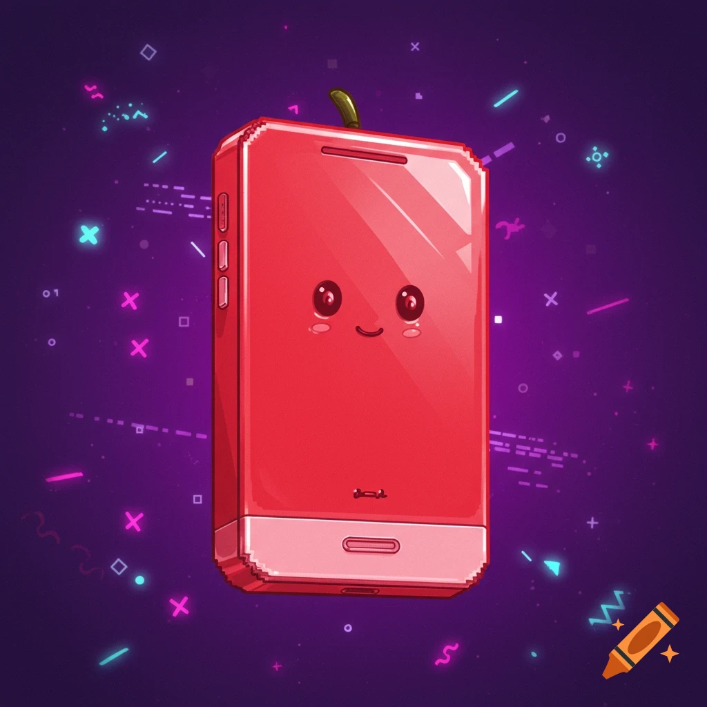 A cartoon red phone with a face and apple stem floating in a vibrant purple background with neon shapes.